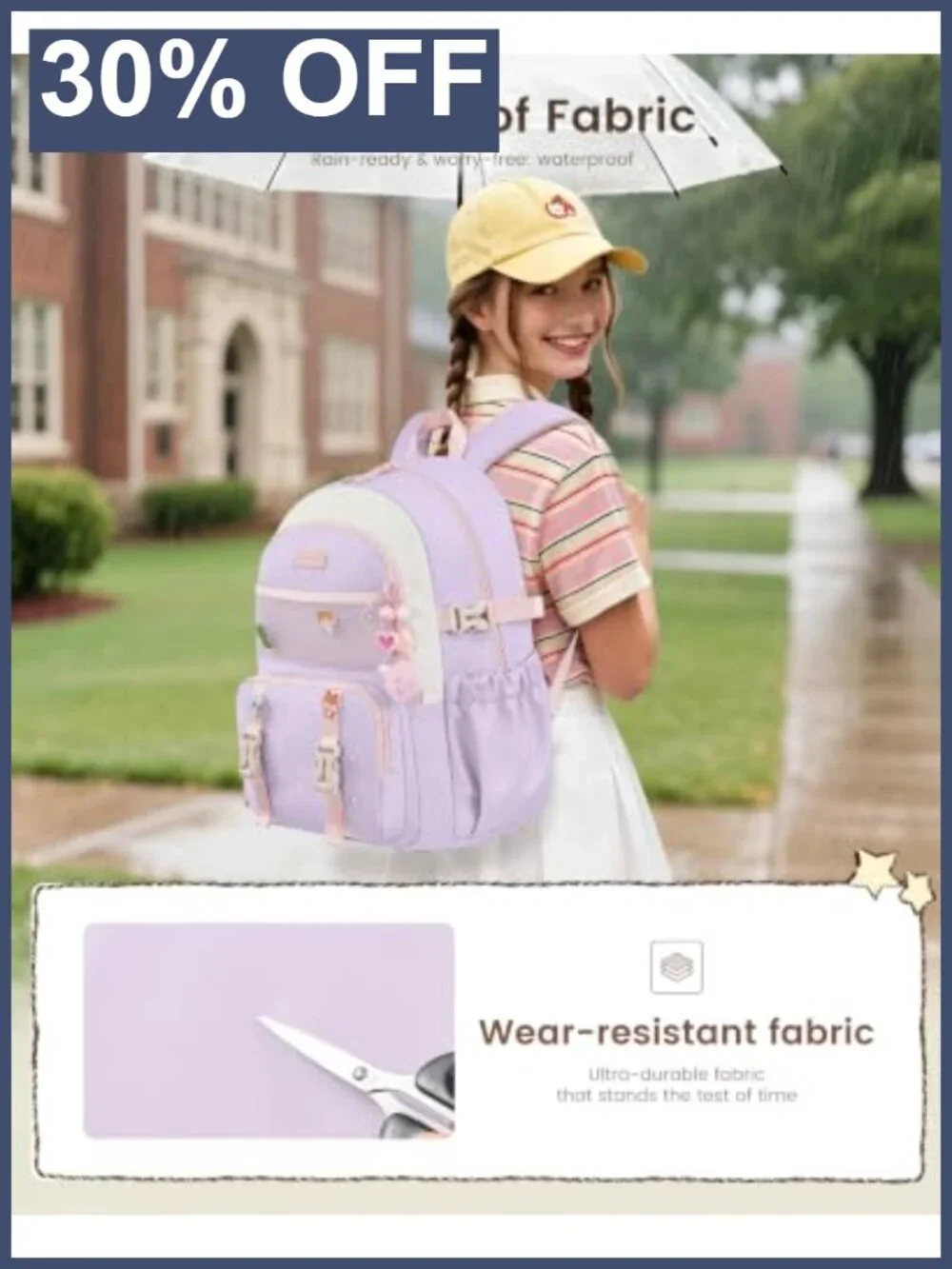 Girls School Backpack with Cartoon Charms & Pins, Water Resistant, Fits 15.6